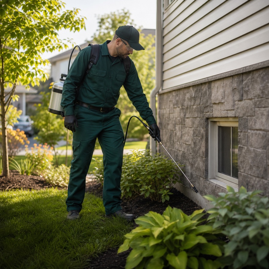 A pest control technician applying an exterior perimeter treatment around a home foundation.