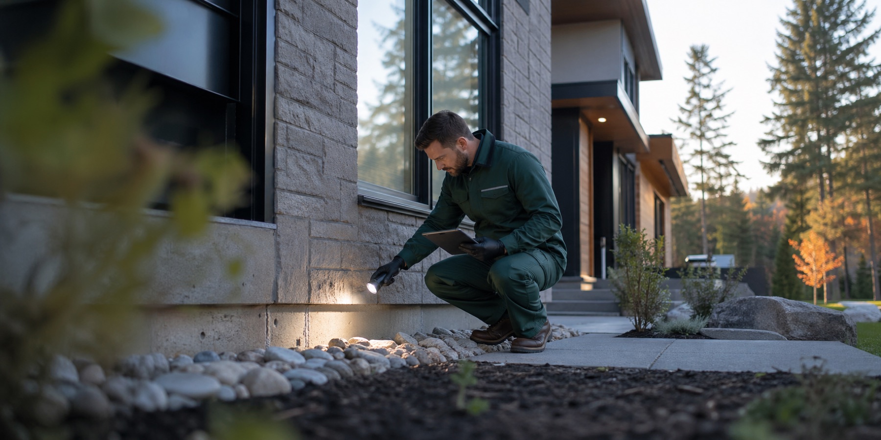 A pest control technician inspecting the exterior of a home.