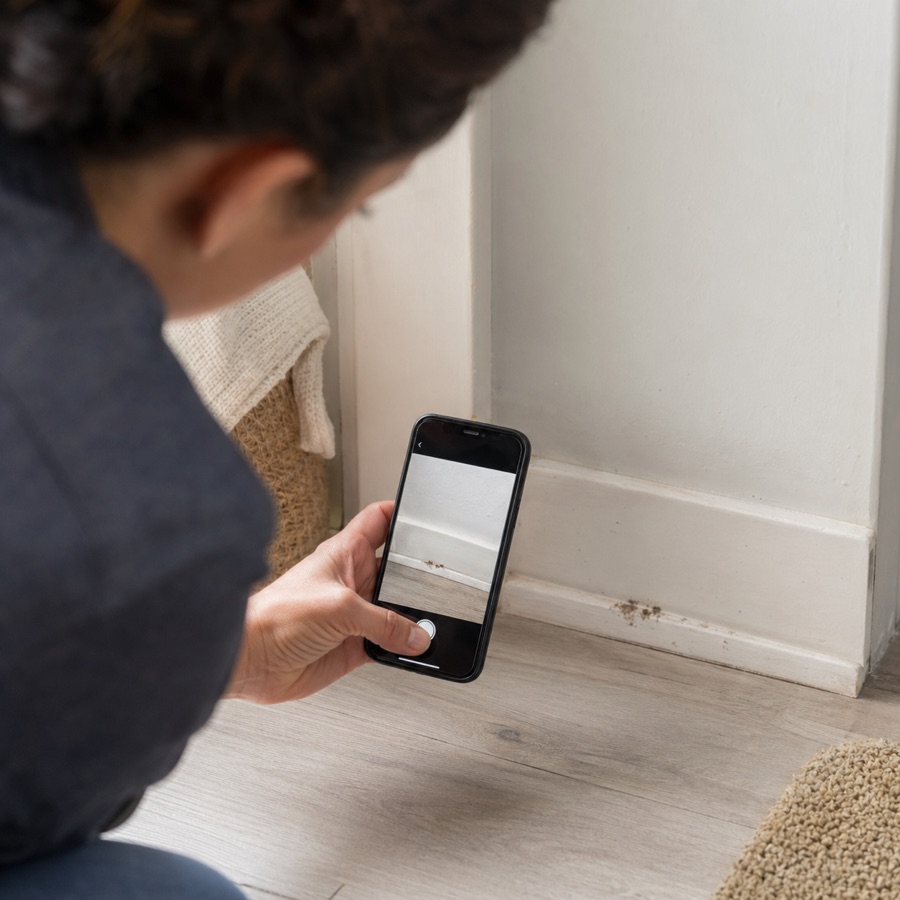 A homeowner taking a clear photo of pest evidence near a baseboard.