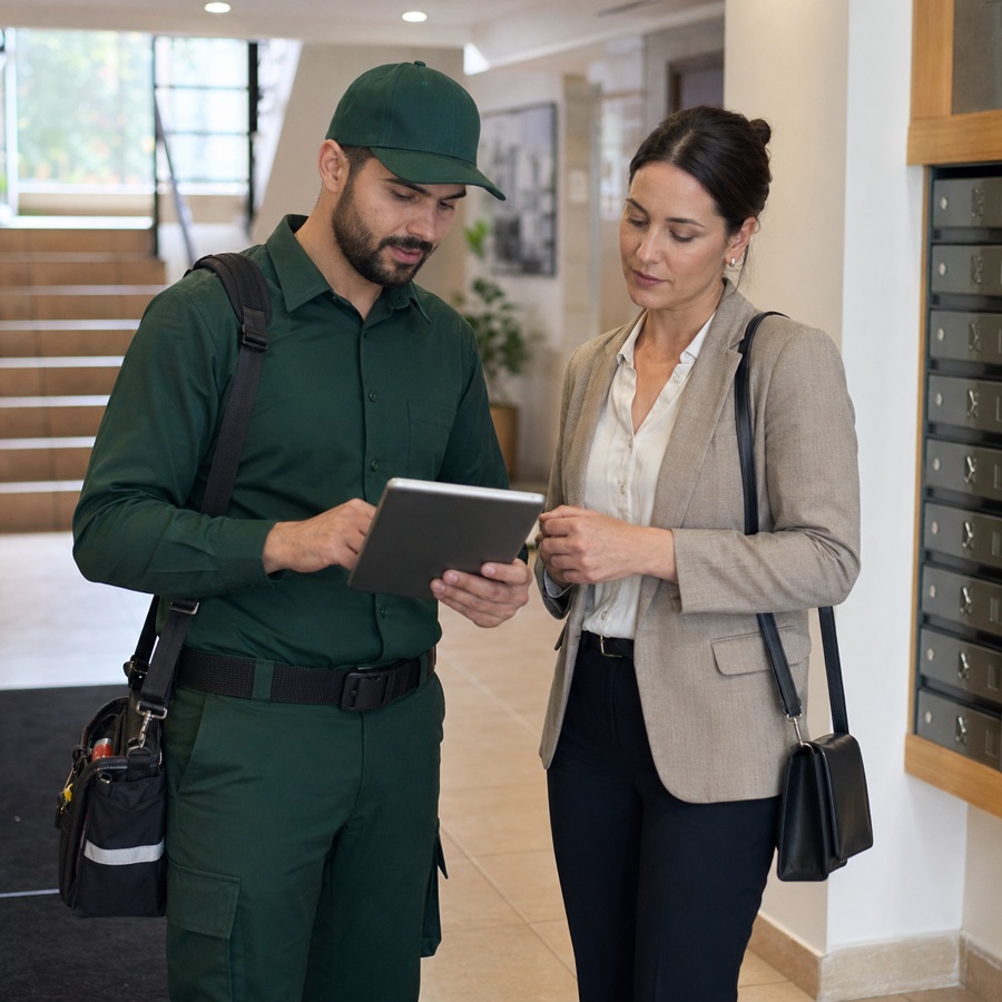 A pest control technician reviewing inspection notes with a property manager.